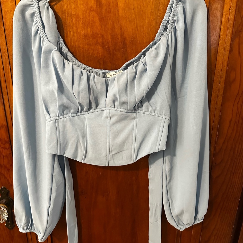 Dry Goods Light Blue Puff-Sleeve Square Neck Crop Top